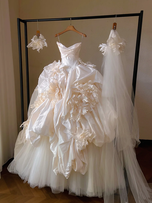 Champagne color suspender waist slim fit puffy skirt bridal dress R5697