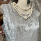 Grey satin printed sleeveless fitted A-line long dress, ball gown R6290