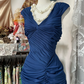 Blue fitted, pleated, bodycon long ball gown R6330