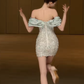 Green one-shoulder slim waist sexy hip skirt homecoming dress R4348