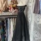 Black halter-neck lace design, fitted waist, irregular hem ball gown R6370