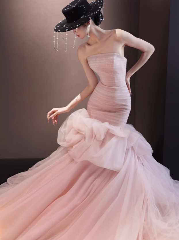 Light pink tube top waist slim hip fishtail sexy long dress ball gown, bridal gown R6031