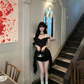 Black suspender satin pleated waist hip skirt homecoming dress R5078