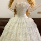 White Spaghetti-Strap Waist-Cinched Lace Puffy-Hem Ball Gown, Bridal Gown R7323