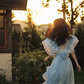 Light blue flutter sleeve fitted waist vintage ball gown R7262
