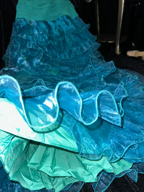 Lake blue strapless, fitted waist, hip-hugging, long fairy ball gown R6929