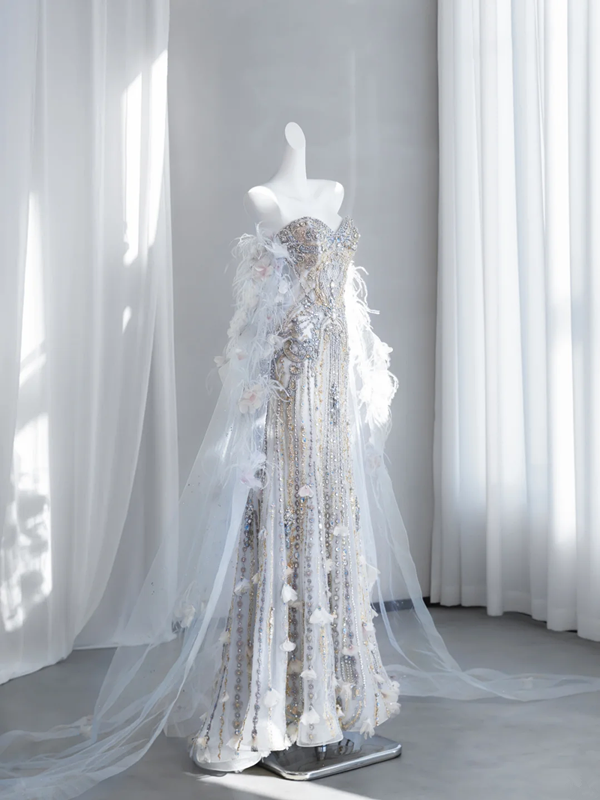 Champagne-colored, rhinestone-embellished, strapless, fitted, long ball gown/bridal dress R8856