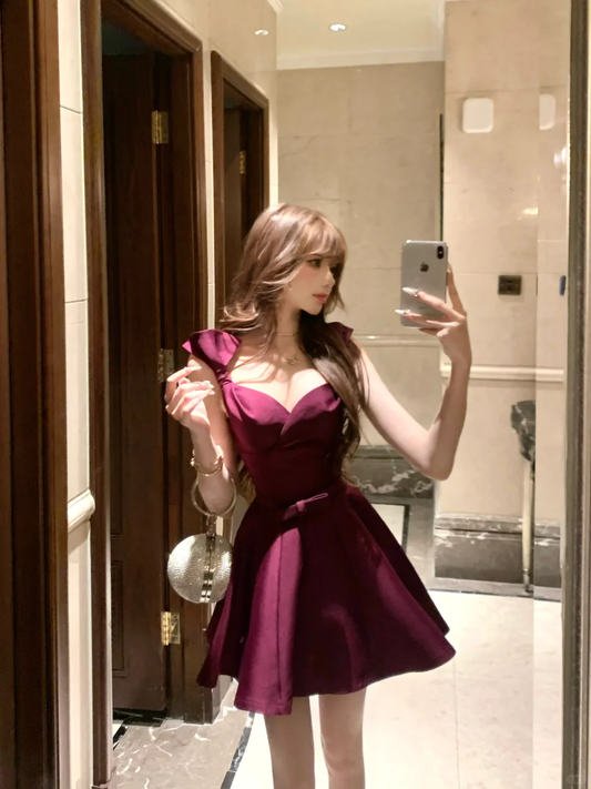 Dark purple bow strap waist slim fit long skirt homecoming dress R4228