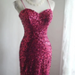 Rose pink sequined halter top, fitted waist, bodycon long ball gown R6769