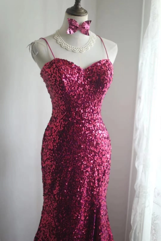 Rose pink sequined halter top, fitted waist, bodycon long ball gown R6769
