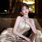 Champagne Halter Neck Waist-Cinched Fitted High-Slit Elegant Prom Dress R7089