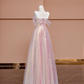 Light pink off-the-shoulder sequined fitted long ball gown, bridal dress R8425