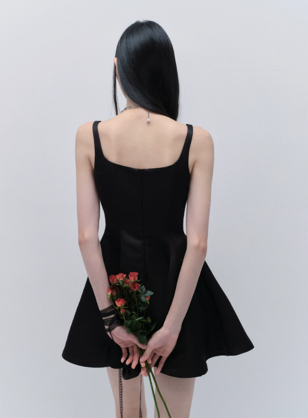Black Satin Spaghetti Strap Mini Dress With Bow Detail And Flared Skirt R9436