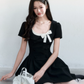 Black Hepburn Style Mini Dress Women With Square Neck And White Bow Detail R9408