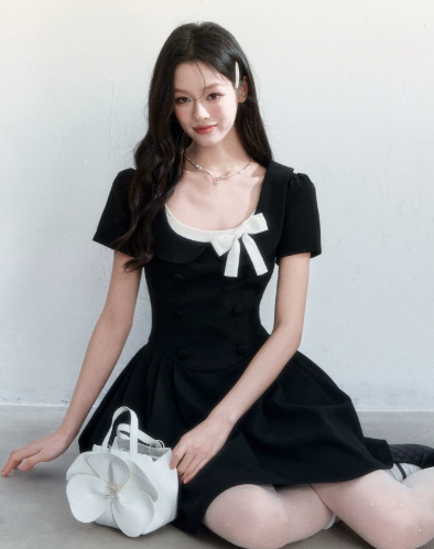 Black Hepburn Style Mini Dress Women With Square Neck And White Bow Detail R9408