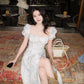 Blue Floral Square Neck Puff Sleeve Midi Dress R9121