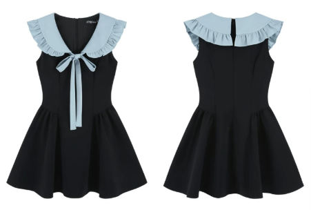 Black & Blue Dress, Women's Sleeveless Ruffle Collar with Bow A-Line Mini Dress R9340