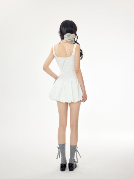 Spaghetti Strap Slim Fit Mini Dress Women Summer Puff Bubble Skirt Cami Dress R9381