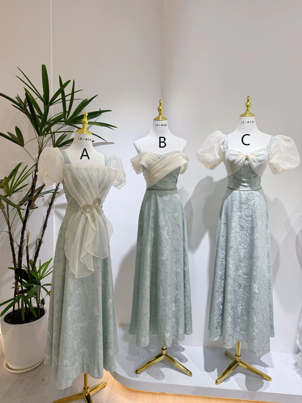 Light blue waist-cinched slim-fit ball gown, bridesmaid dress R5931