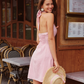 Romantic Pink Checkered Halter Dress with Lace Neckline R9198
