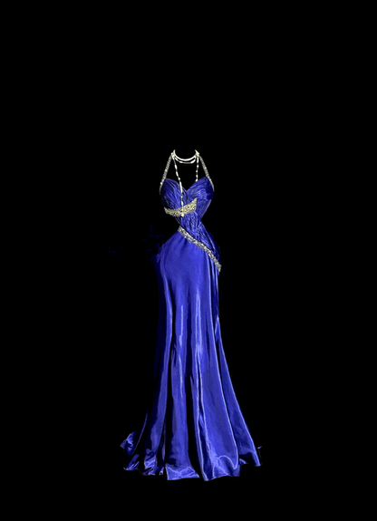 Sexy long ball gown with blue halter neck and exposed waist design R6610