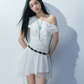 White Off-Shoulder Mini Dress Women Ruched Waist Asymmetrical Hem Dress R9354
