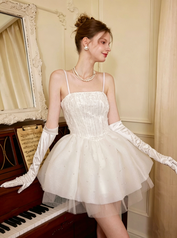 SainteYunne Swan Mirror White Tulle Mini Dress Pearl Embellished Corset Formal Cocktail Party Gown R9207