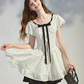 White Polka Dot Mini Dress Women With Black Bow Detail And Puff Sleeves R9396