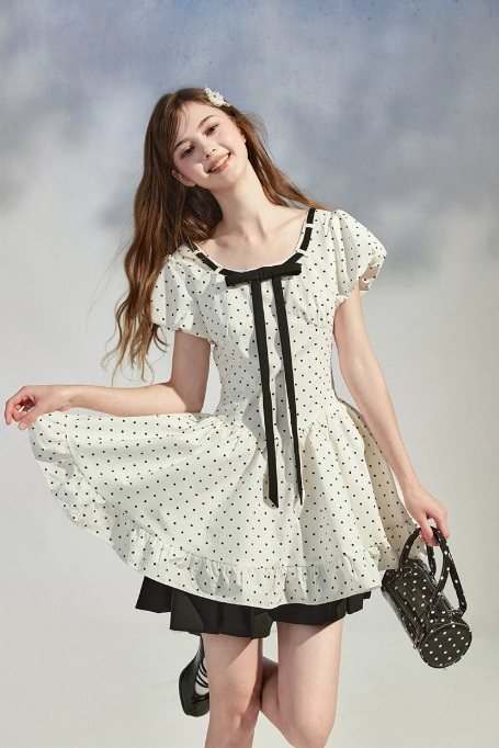 White Polka Dot Mini Dress Women With Black Bow Detail And Puff Sleeves R9396