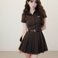Arrival Preppy Style Brown Striped Shirt Dress with Belt and Pleated Skirt R9373
