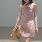 Pink Halter Neck Bow Detail Mini Dress Women Sleeveless Bodycon Dress R9364