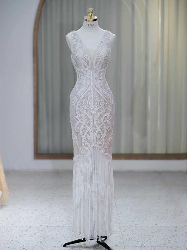 White V-neck sleeveless slim waist tassel sexy long dress bridal dress R5852