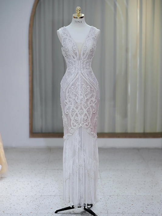 White V-neck sleeveless slim waist tassel sexy long dress bridal dress R5852