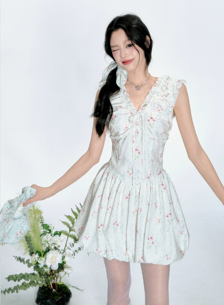 White Floral Print V Neck Mini Dress Women With Ruffle Trim And Bubble Skirt R9424