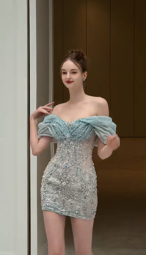 Green one-shoulder slim waist sexy hip skirt homecoming dress R4348