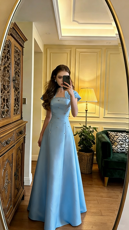 Light champagne-colored fitted A-line long ball gown R8572