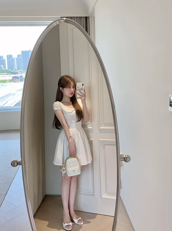 White baby doll collar slim waist A-line cute short skirt R5033