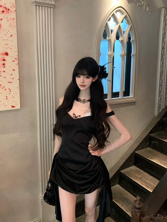 Black suspender satin pleated waist hip skirt homecoming dress R5078