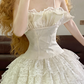 White Spaghetti-Strap Waist-Cinched Lace Puffy-Hem Ball Gown, Bridal Gown R7323