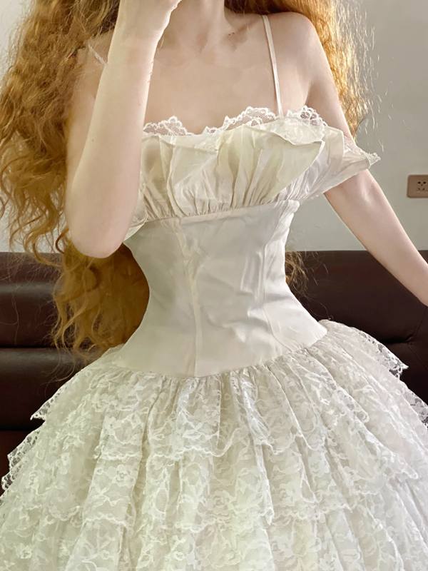 White Spaghetti-Strap Waist-Cinched Lace Puffy-Hem Ball Gown, Bridal Gown R7323
