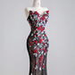 Black 3D floral long ball gown with a fitted waist and hips R8143