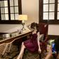 Dark purple bow strap waist slim fit long skirt homecoming dress R4228
