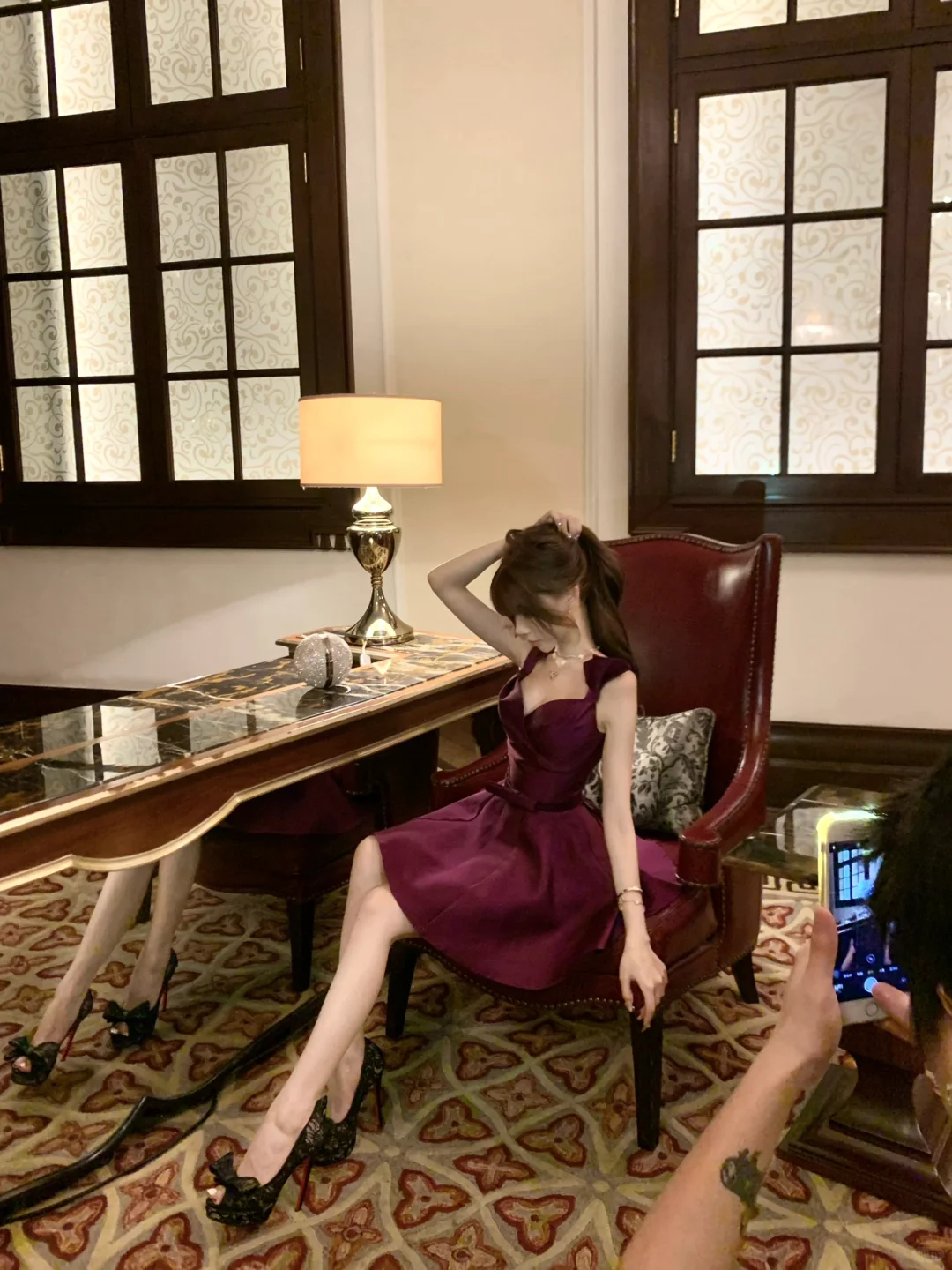 Dark purple bow strap waist slim fit long skirt homecoming dress R4228