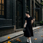 Black round neck fitted A-line long ball gown R8022