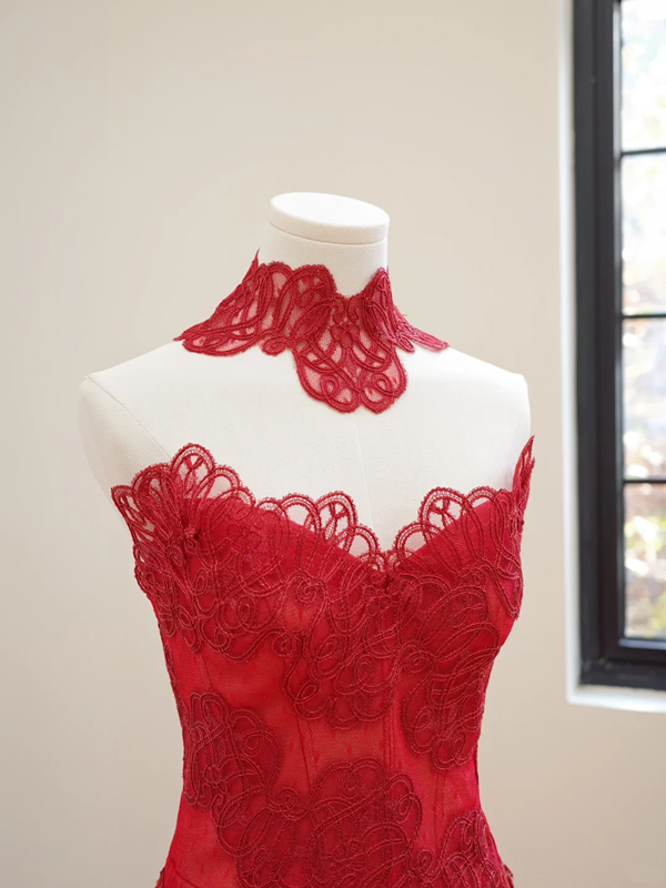 Red strapless, fitted waist, lace skirt design, long, sexy ball gown, bridal dress R8513