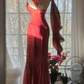 Red halter-neck fitted bodycon long ball gown R7685
