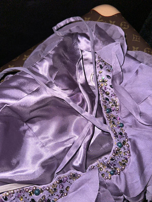 Purple halter-neck, tiered, long ball gown R6969