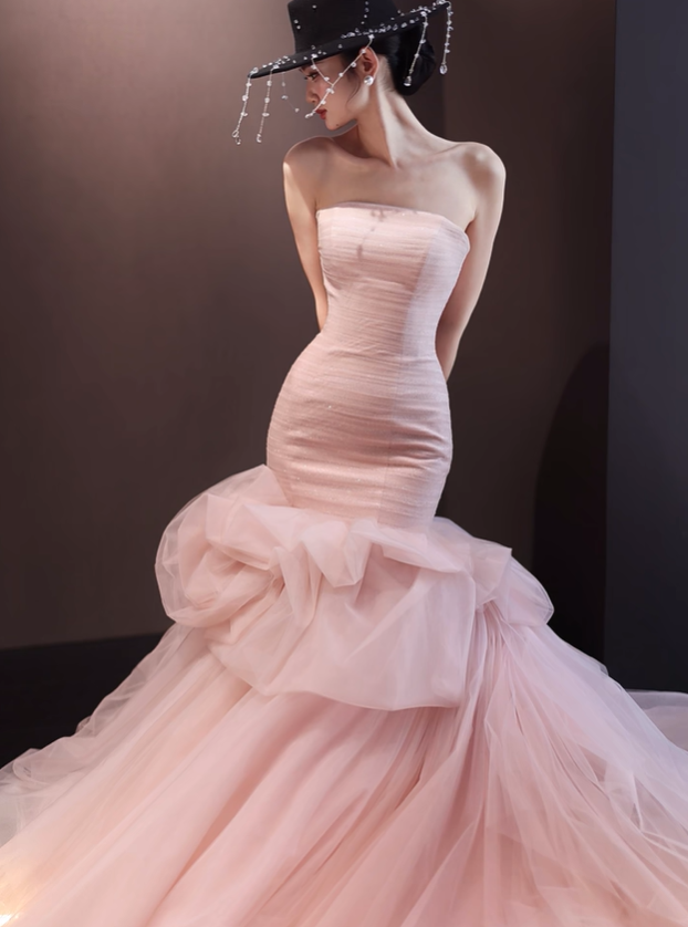Light pink tube top waist slim hip fishtail sexy long dress ball gown, bridal gown R6031