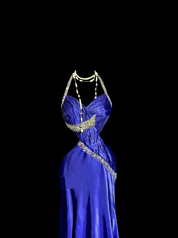 Sexy long ball gown with blue halter neck and exposed waist design R6610