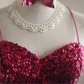 Rose pink sequined halter top, fitted waist, bodycon long ball gown R6769